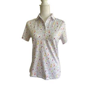 On The Rocks Women’s White Premium Cocktails Print Polo Shirt Size Small